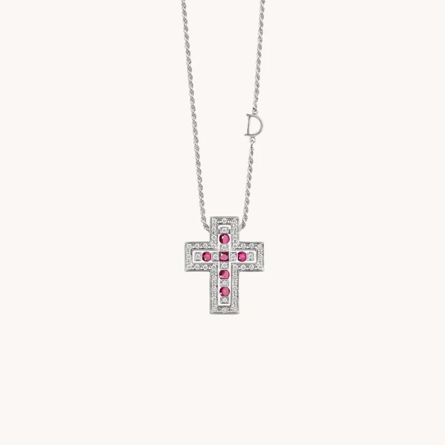 CHAIN NECKLACE WITH CROSS DAMIANI BELLE EPOQUE BRILLIANTS AND RUBIES