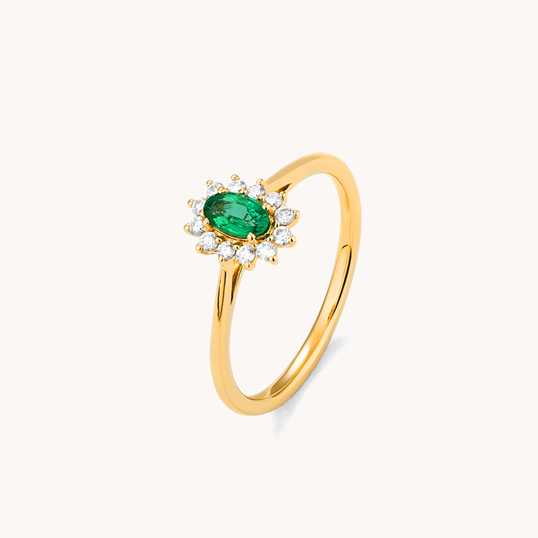 JAEL SOLITAIRE YELLOW GOLD RING, CENTRAL EMERALD AND DIAMONDS
